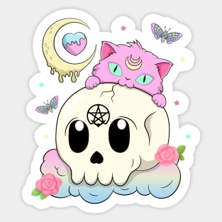 Creepy Kawaii Kitty with Skull Pastel Goth Sticker